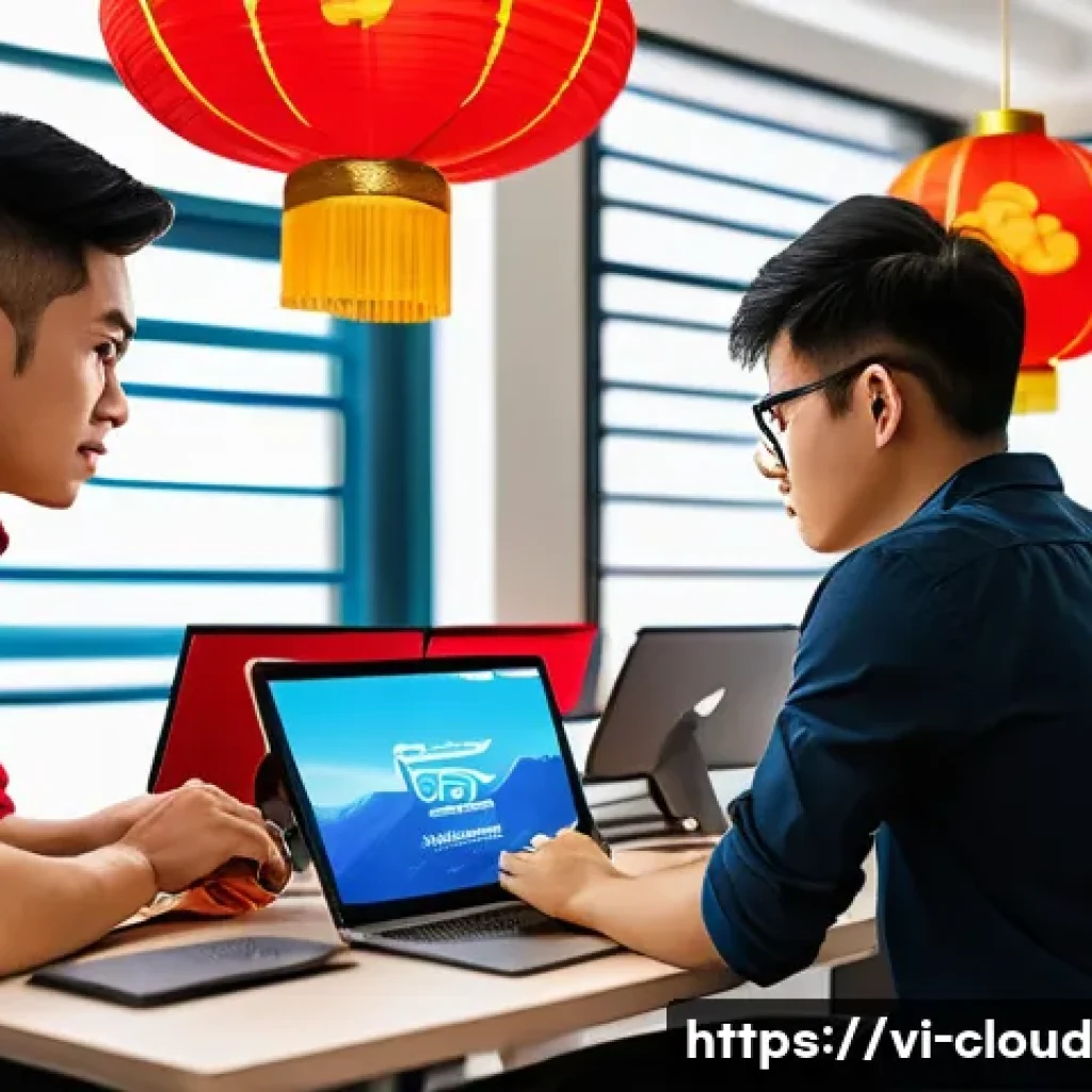 클라우드 서비스의 기술적 장점과 단점 - A modern Vietnamese e-commerce startup office scene during Tet holiday season, showing diverse young...