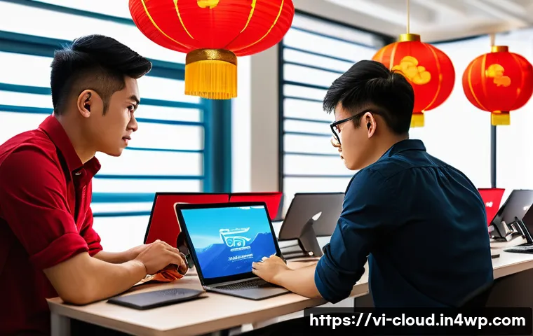 클라우드 서비스의 기술적 장점과 단점 - A modern Vietnamese e-commerce startup office scene during Tet holiday season, showing diverse young...