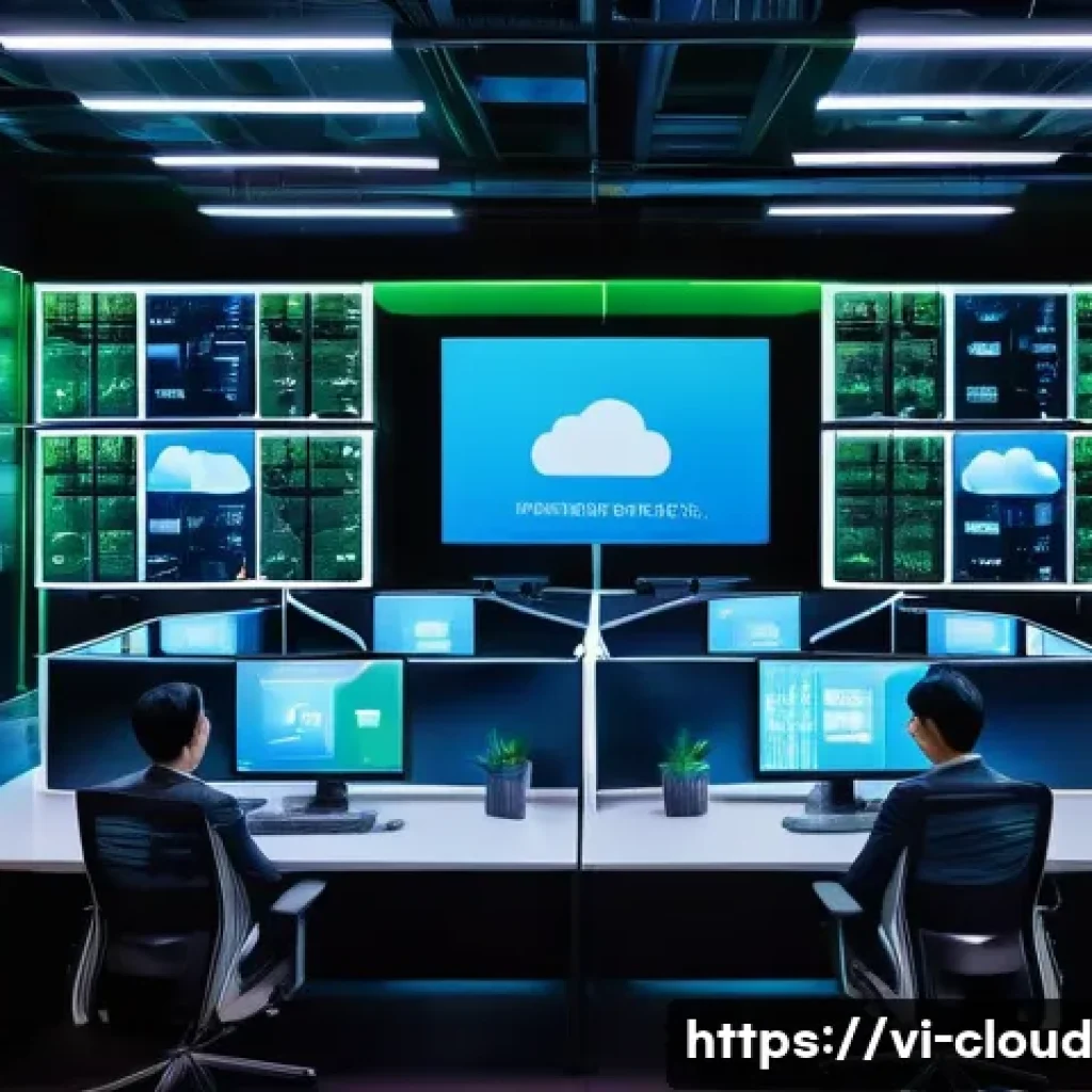 클라우드 서비스의 신속한 배포 전략 - A modern Vietnamese cloud computing data center interior, showcasing diverse engineers collaborating...