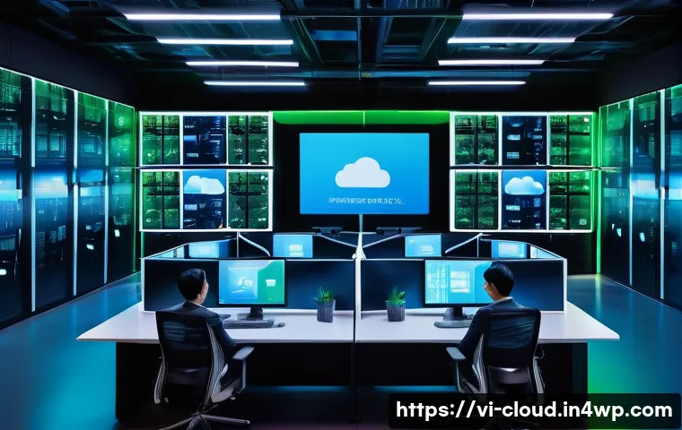 클라우드 서비스의 신속한 배포 전략 - A modern Vietnamese cloud computing data center interior, showcasing diverse engineers collaborating...