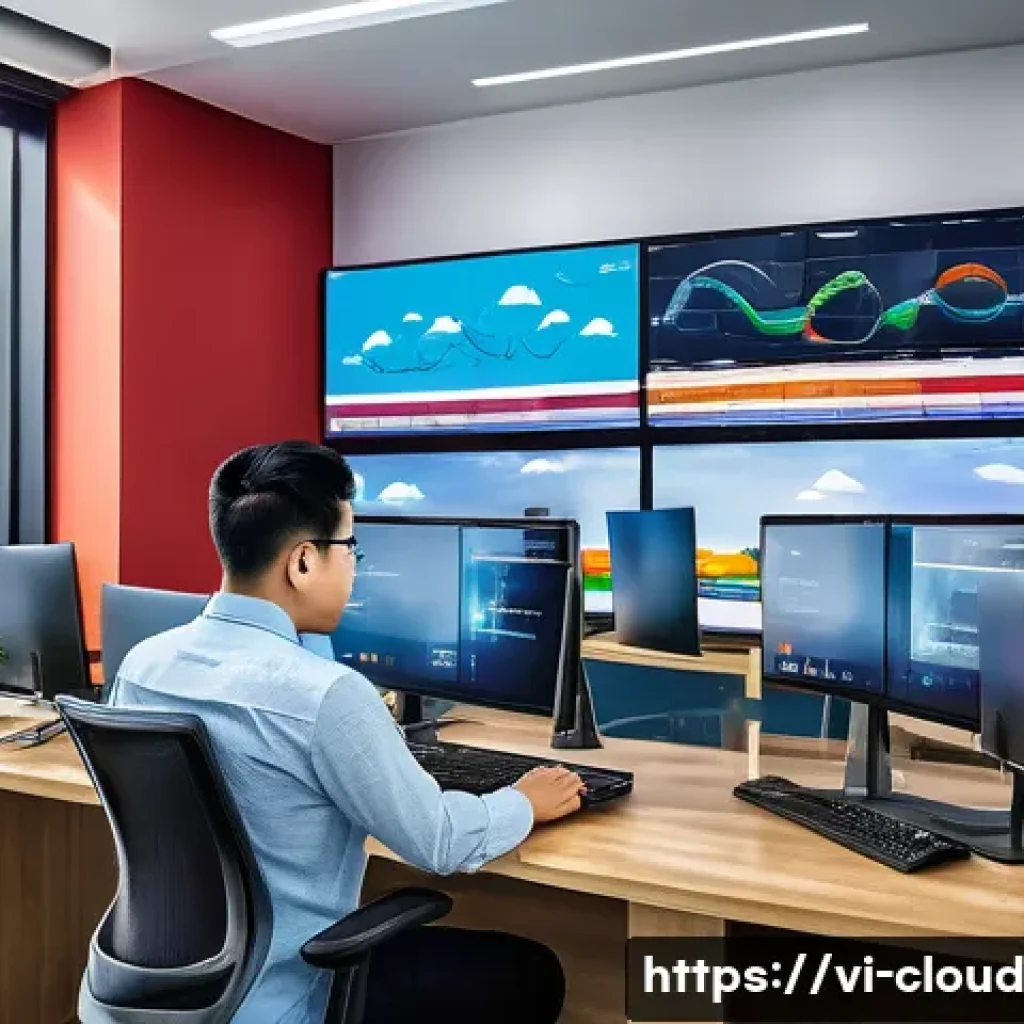 클라우드 서비스 도입의 장단점 비교 - A modern Vietnamese startup office scene showing diverse young professionals collaborating around mu...