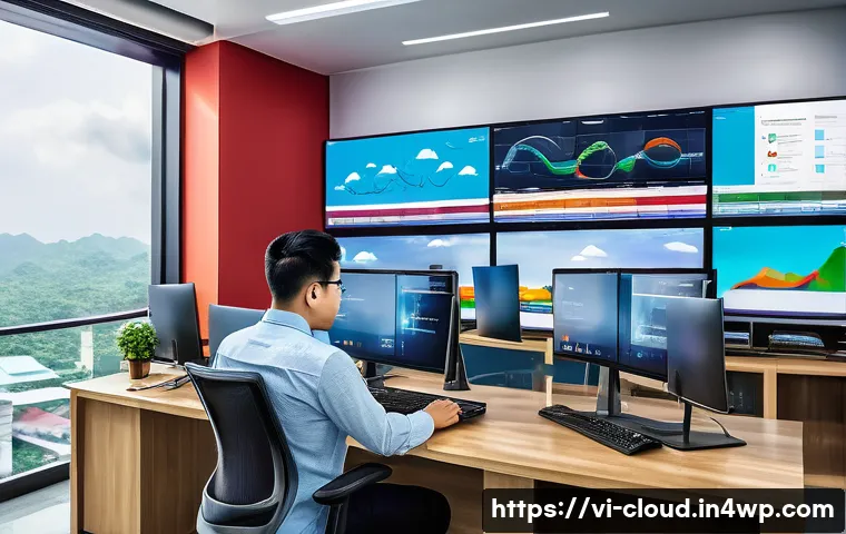 클라우드 서비스 도입의 장단점 비교 - A modern Vietnamese startup office scene showing diverse young professionals collaborating around mu...
