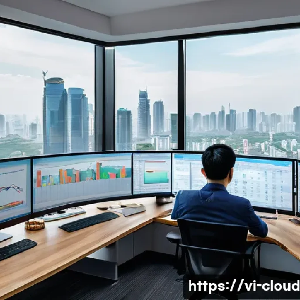 클라우드 컴퓨팅 비용 절감 전략 - A detailed and modern office workspace scene showing a Vietnamese IT professional analyzing cloud se...