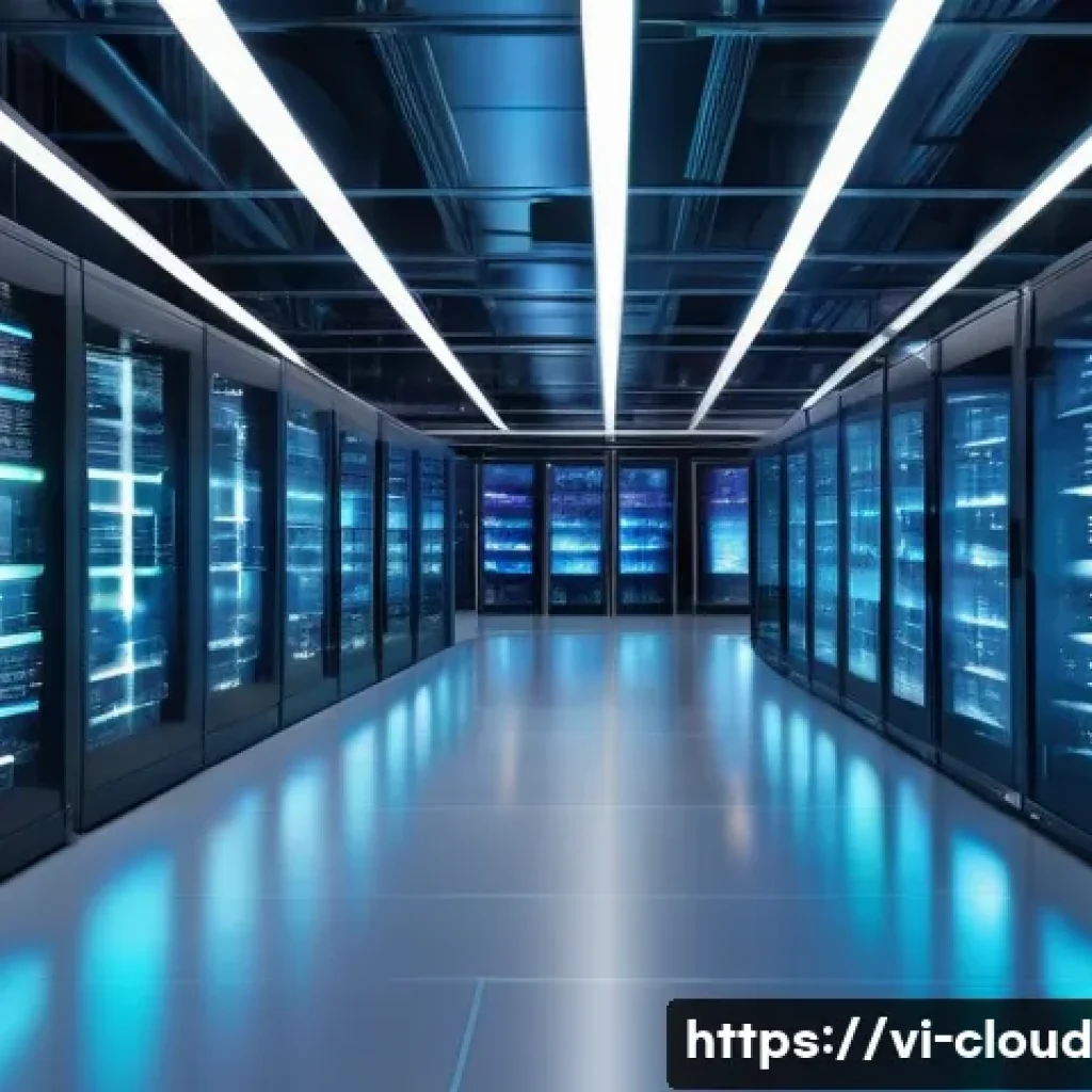 클라우드 기반 플랫폼의 경쟁력 분석 - A futuristic cloud computing data center interior, filled with glowing server racks and holographic ...