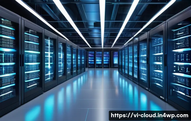 클라우드 기반 플랫폼의 경쟁력 분석 - A futuristic cloud computing data center interior, filled with glowing server racks and holographic ...