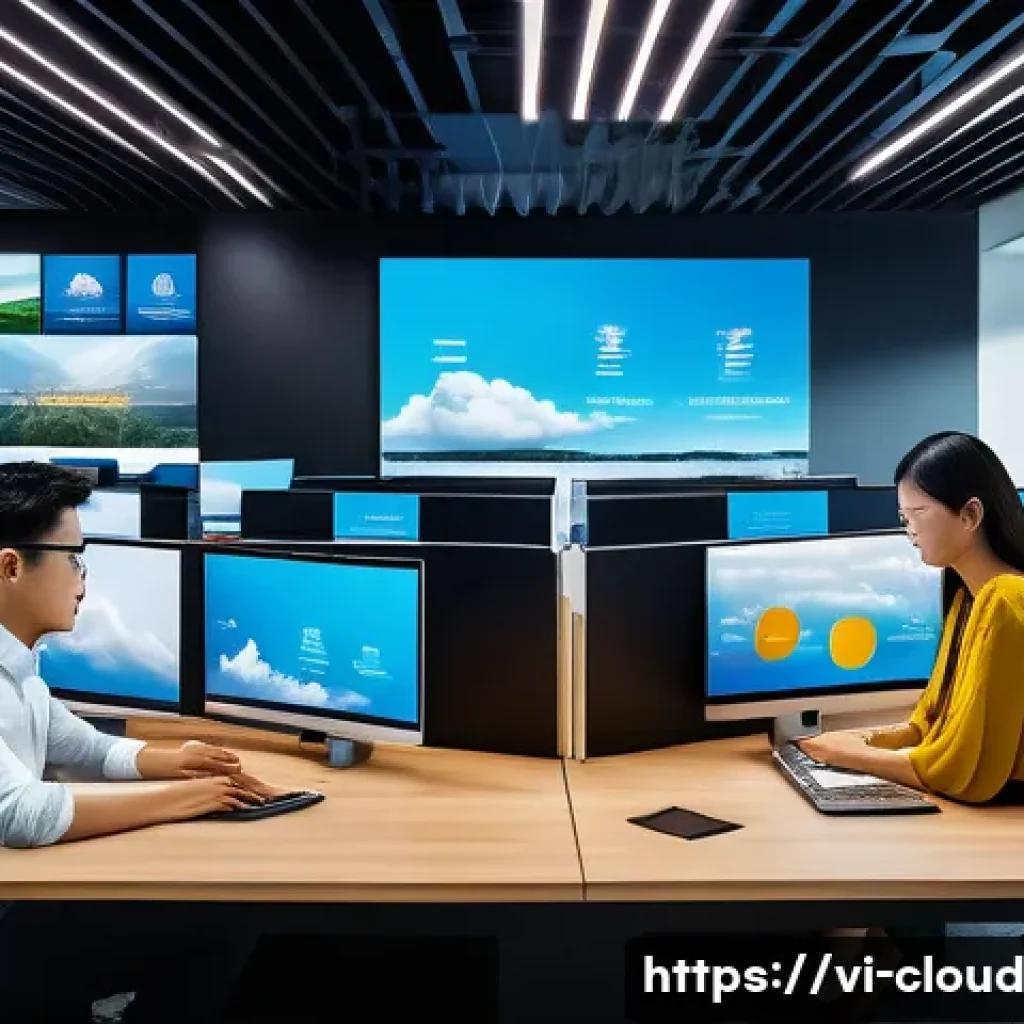 클라우드 컴퓨팅의 전략적 활용 방안 - A modern Vietnamese startup office scene showing diverse young professionals collaborating around sl...