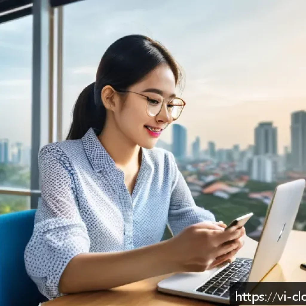 클라우드 컴퓨팅과 모바일 활용 사례 - A vibrant Vietnamese office scene showing a young professional woman using a smartphone with Google ...