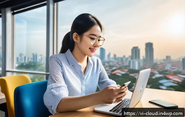 클라우드 컴퓨팅과 모바일 활용 사례 - A vibrant Vietnamese office scene showing a young professional woman using a smartphone with Google ...