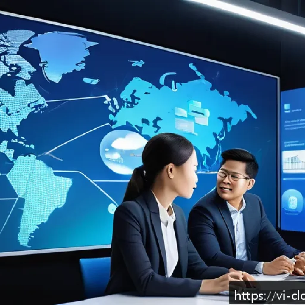 2023년 인기 클라우드 서비스 제공업체 비교 - A detailed, futuristic office scene showcasing three business professionals from Vietnam collaborati...