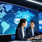 Home 22 2023년 인기 클라우드 서비스 제공업체 비교 - A detailed, futuristic office scene showcasing three business professionals from Vietnam collaborati...