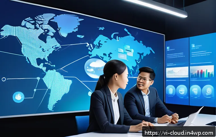 2023년 인기 클라우드 서비스 제공업체 비교 - A detailed, futuristic office scene showcasing three business professionals from Vietnam collaborati...