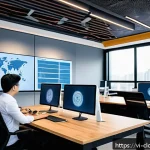 Home 21 AI와 클라우드 서비스의 통합 현황 - A modern Vietnamese office environment showcasing diverse professionals collaborating remotely throu...