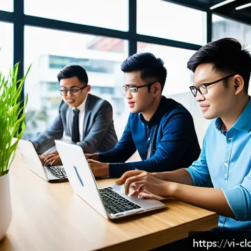 Home 32 데이터 스토리지 솔루션 비교 - A modern Vietnamese startup office environment showcasing flexible cloud computing usage: young prof...