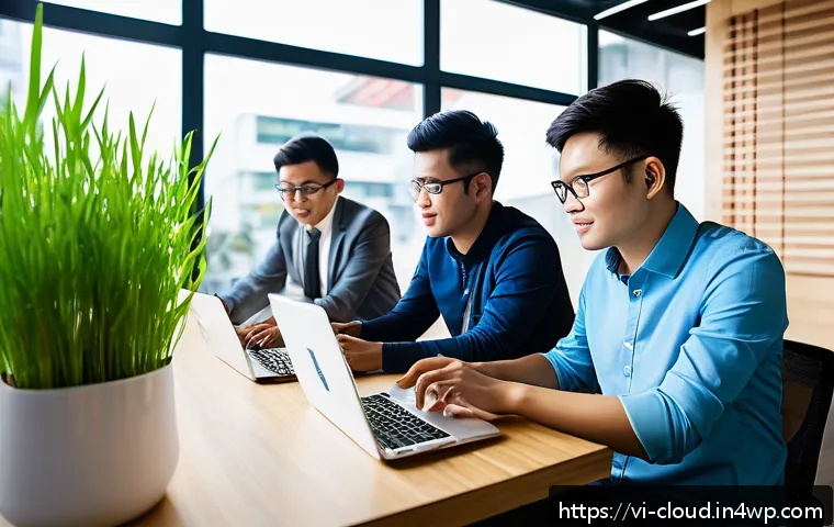 데이터 스토리지 솔루션 비교 - A modern Vietnamese startup office environment showcasing flexible cloud computing usage: young prof...