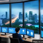 Home 19 클라우드 컴퓨팅의 다층 보안 전략 - A modern Vietnamese office environment with IT security professionals monitoring multiple large scre...