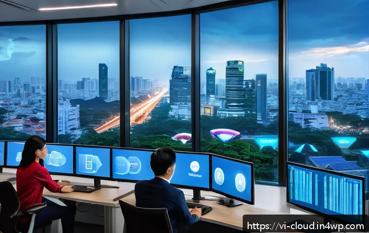 클라우드 컴퓨팅의 다층 보안 전략 - A modern Vietnamese office environment with IT security professionals monitoring multiple large scre...