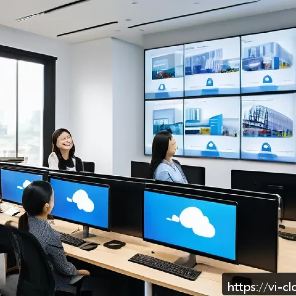 다양한 클라우드 서비스 모델 설명 - A modern Vietnamese e-commerce office environment showing diverse professionals collaborating around...