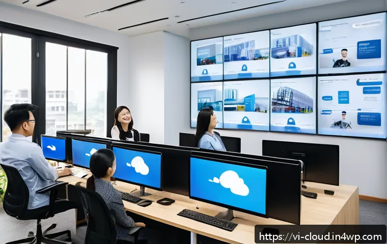 다양한 클라우드 서비스 모델 설명 - A modern Vietnamese e-commerce office environment showing diverse professionals collaborating around...