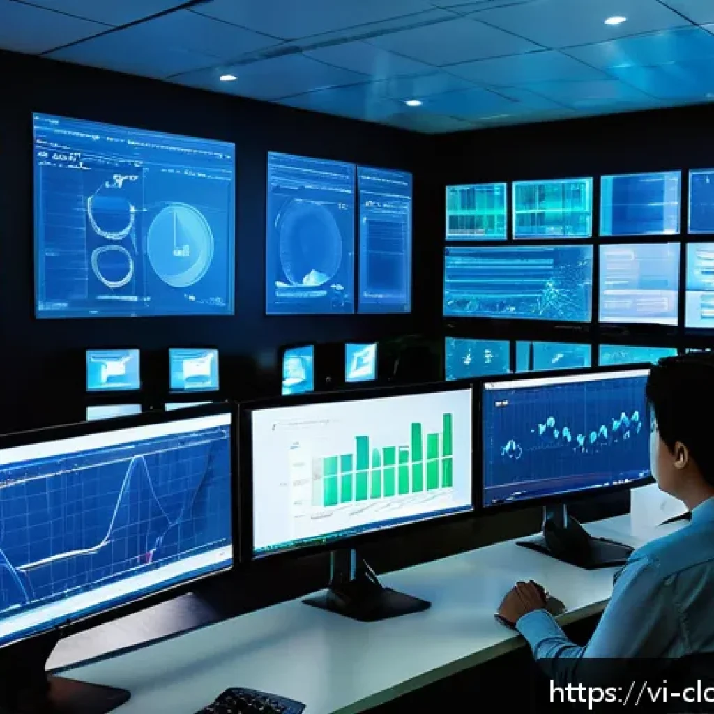 클라우드 서비스의 네트워크 성능 평가 - A detailed, high-tech network operations center with multiple large screens displaying real-time net...