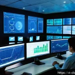 Home 23 클라우드 서비스의 네트워크 성능 평가 - A detailed, high-tech network operations center with multiple large screens displaying real-time net...