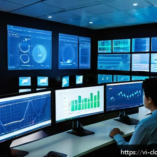 Home 17 클라우드 서비스의 네트워크 성능 평가 - A detailed, high-tech network operations center with multiple large screens displaying real-time net...