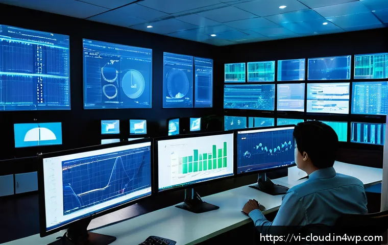 클라우드 서비스의 네트워크 성능 평가 - A detailed, high-tech network operations center with multiple large screens displaying real-time net...